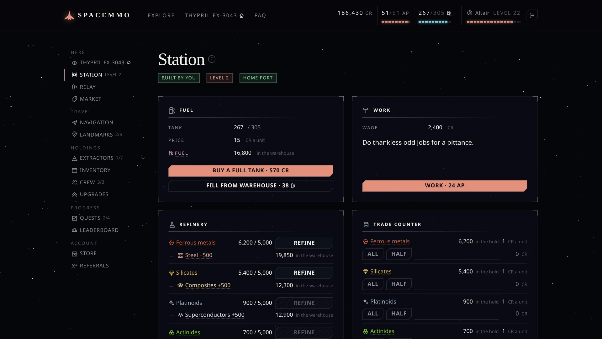 Your own station: refinery, trade counter, fuel…
